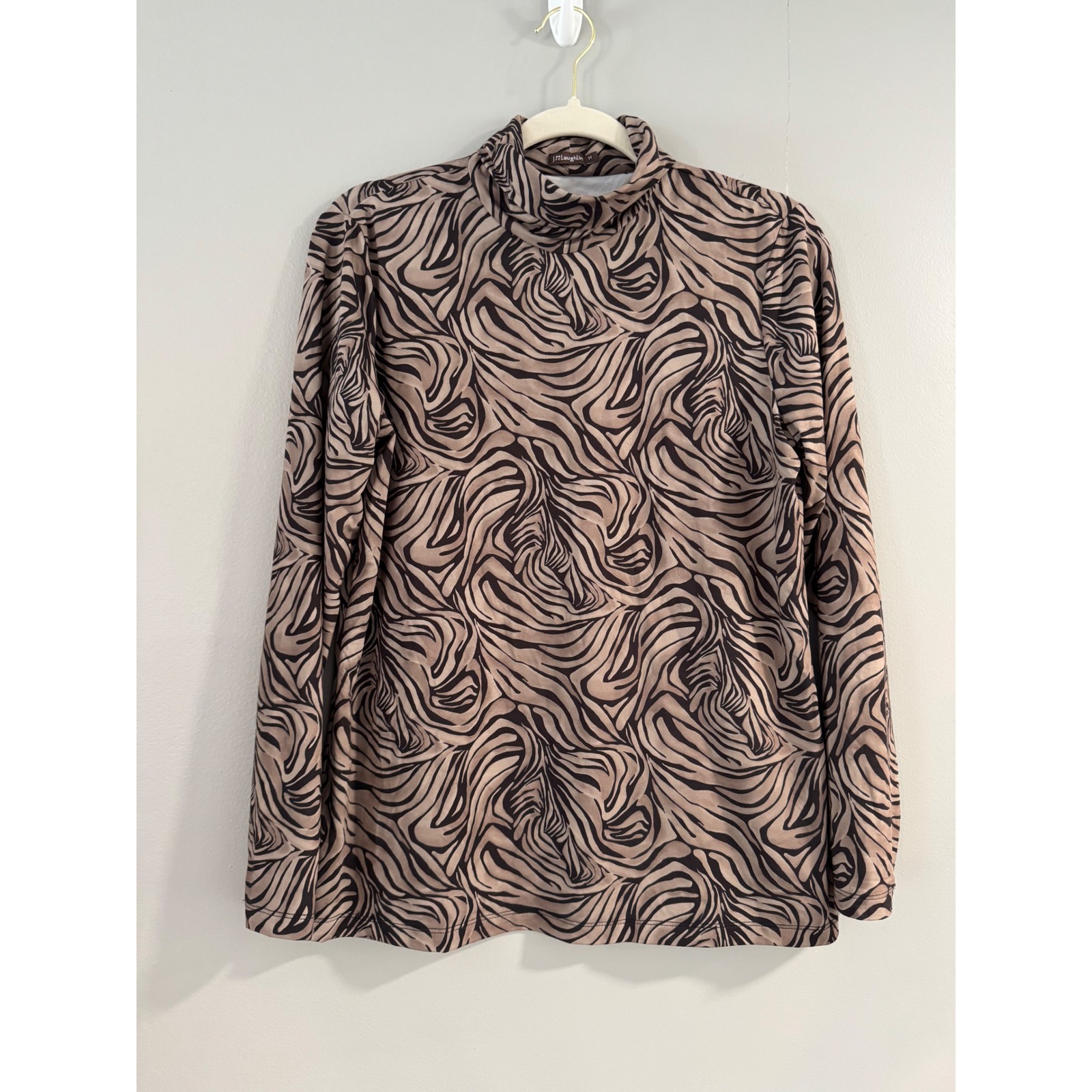 J Mclaughlin Mock Neck Top Medium Brown Black Zebra Print Stretch Blouse